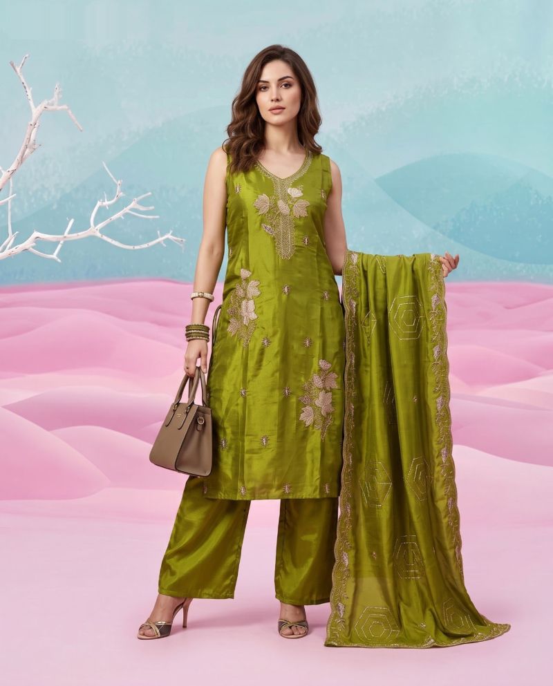 Naisha K 1153 Natural Glass Semi Beads Work Kurti Pant Dupatta Set