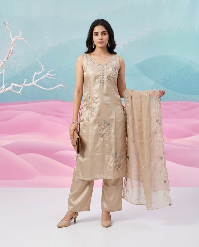 Naisha K 1153 Natural Glass Semi Beads Work Kurti Pant Dupatta Set