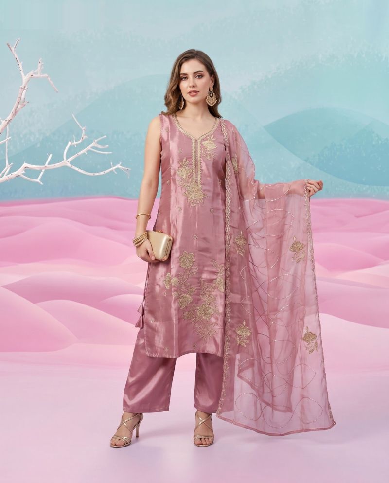 Naisha K 1153 Natural Glass Semi Beads Work Kurti Pant Dupatta Set