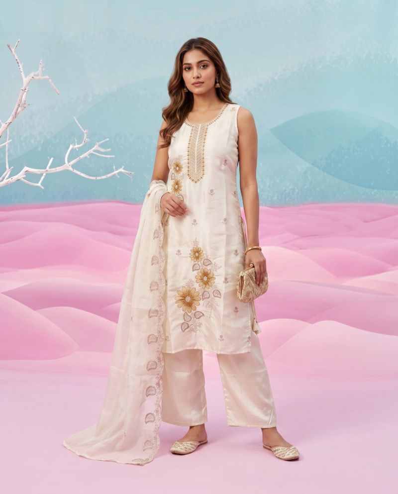 Naisha K 1153 Natural Glass Semi Beads Work Kurti Pant Dupatta Set