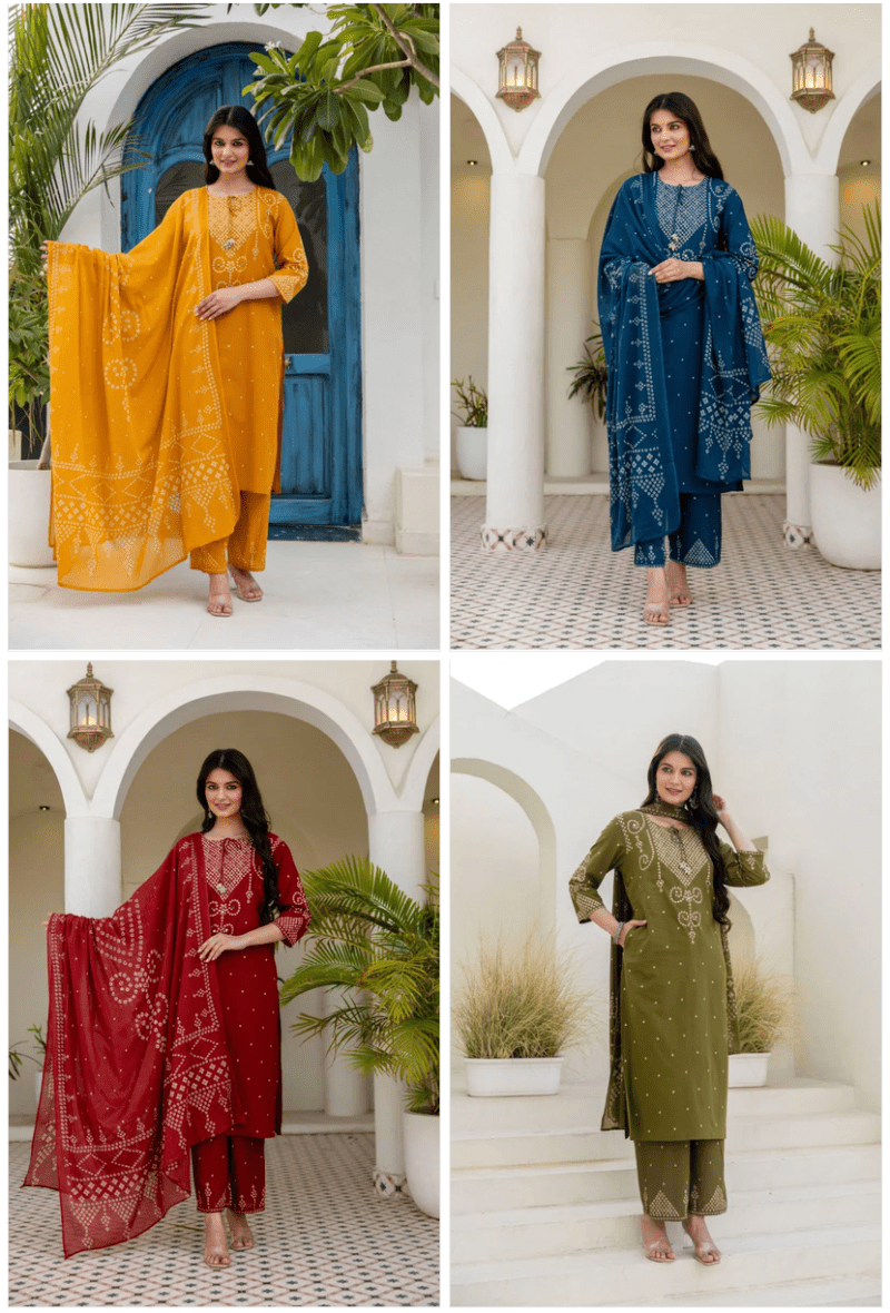 Naisha K 1190 Cotton Bandhani Kurti Pant Dupatta Set - Amrah Wholesale