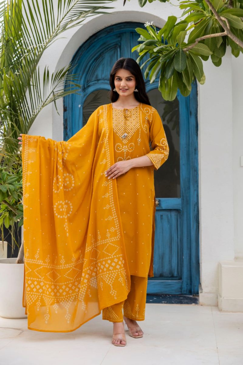 Naisha K 1190 Cotton Bandhani Kurti Pant Dupatta Set