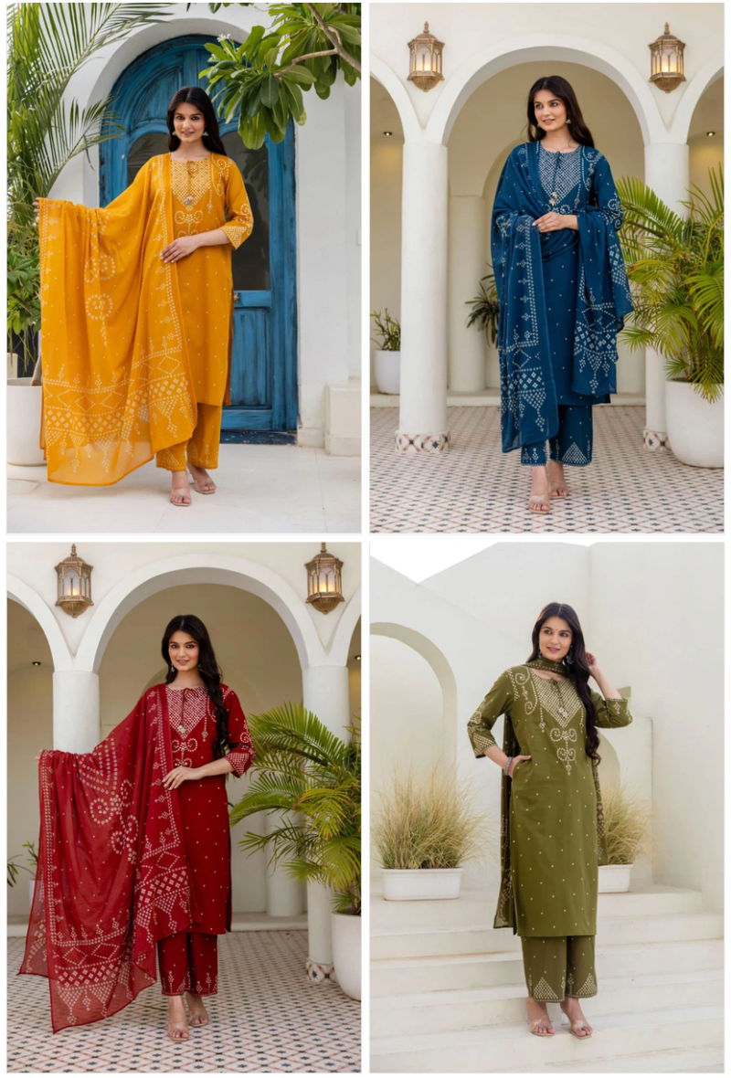 Naisha K 1190 Cotton Bandhani Kurti Pant Dupatta Set