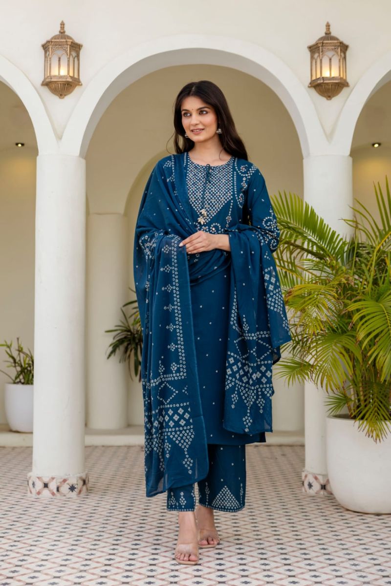 Naisha K 1190 Cotton Bandhani Kurti Pant Dupatta Set