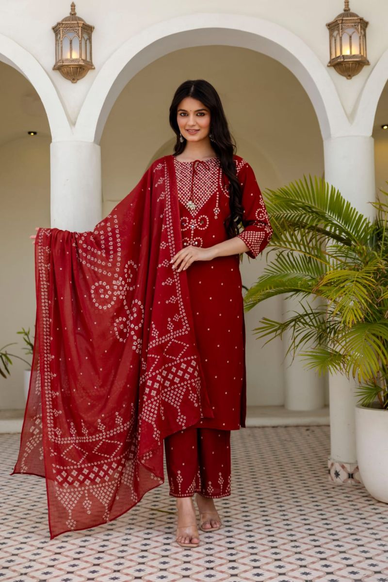 Naisha K 1190 Cotton Bandhani Kurti Pant Dupatta Set