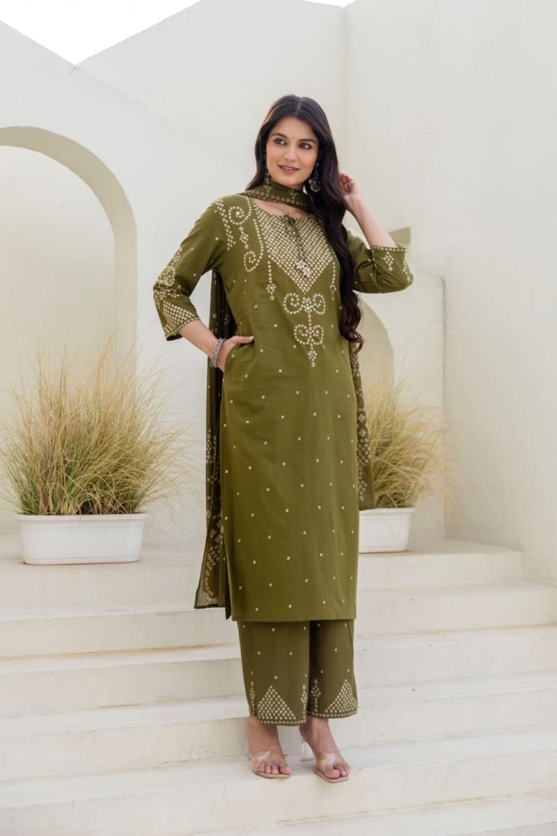 Naisha K 1190 Cotton Bandhani Kurti Pant Dupatta Set