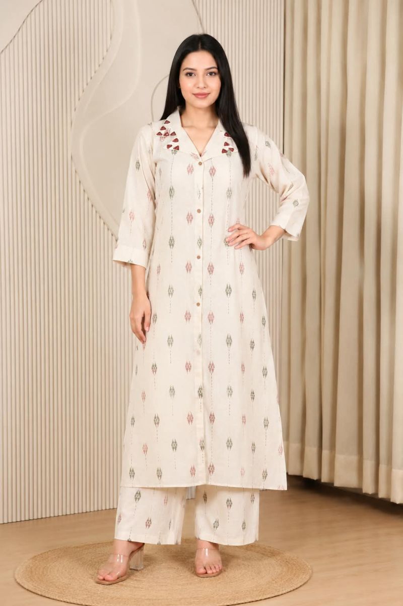 Naisha K 1196 Pure Linen Printed Mirror Work Kurti Pant Set