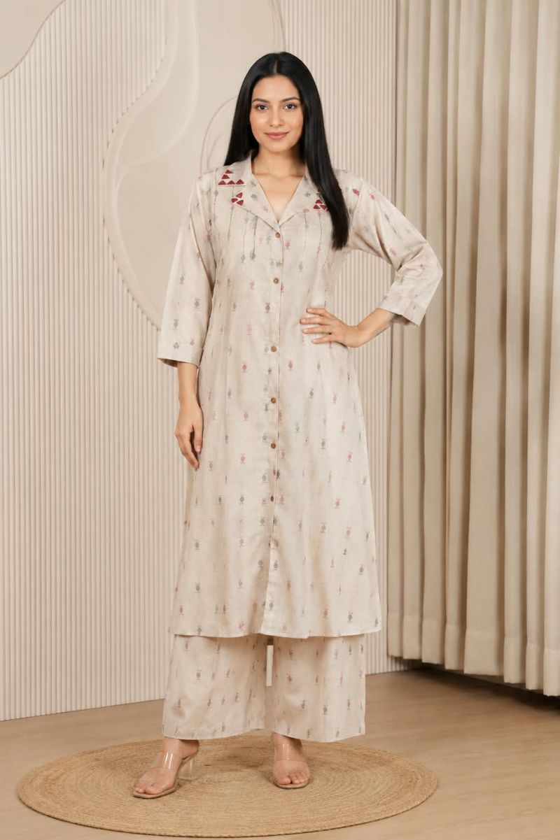 Naisha K 1196 Pure Linen Printed Mirror Work Kurti Pant Set