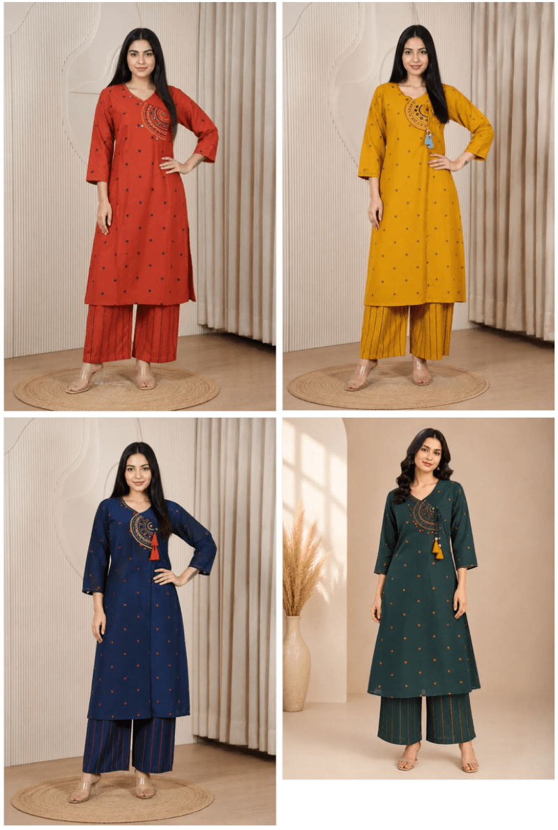 Naisha K 1197 Cotton Handloom Mirror Work Kurti Pant Dupatta Set - Amrah Wholesale