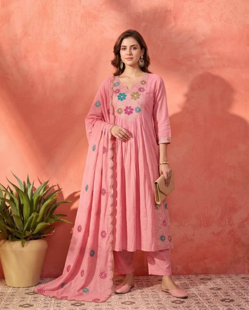Naisha K 1200 Mul Chanderi Embroidered Kurti Pant Dupatta Set - Amrah Wholesale