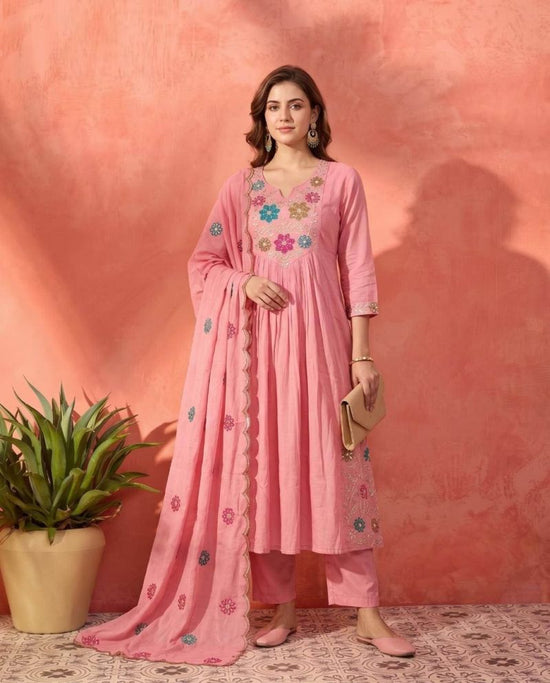 Naisha K 1200 Mul Chanderi Embroidered Kurti Pant Dupatta Set - Amrah Wholesale