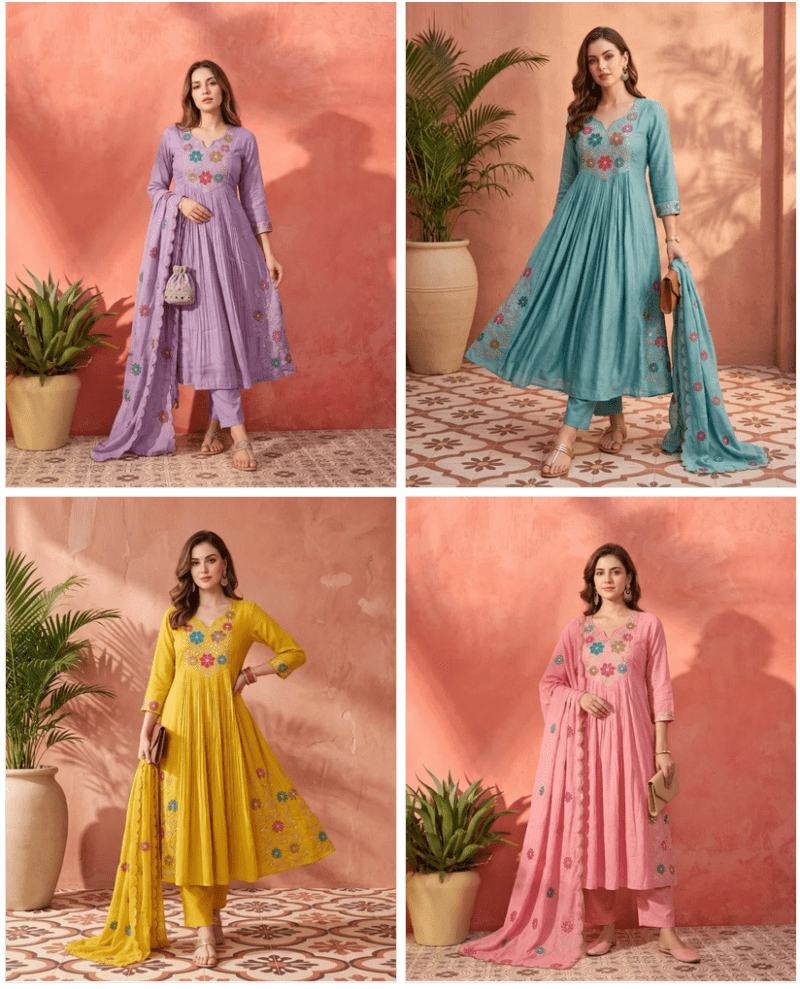 Naisha K 1200 Mul Chanderi Embroidered Kurti Pant Dupatta Set - Amrah Wholesale