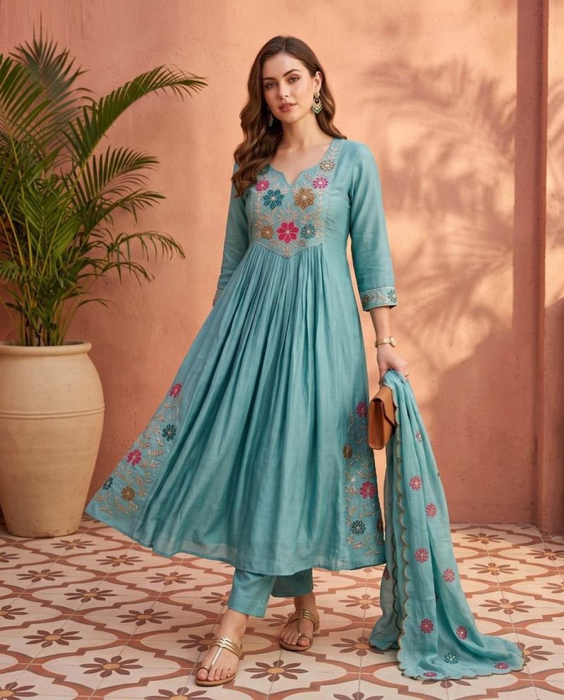 Naisha K 1200 Mul Chanderi Embroidered Kurti Pant Dupatta Set - Amrah Wholesale