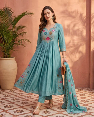 Naisha K 1200 Mul Chanderi Embroidered Kurti Pant Dupatta Set - Amrah Wholesale