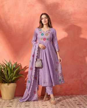 Naisha K 1200 Mul Chanderi Embroidered Kurti Pant Dupatta Set - Amrah Wholesale