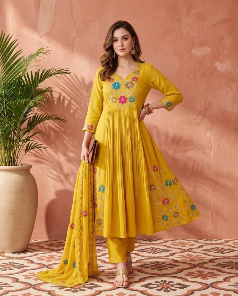 Naisha K 1200 Mul Chanderi Embroidered Kurti Pant Dupatta Set - Amrah Wholesale