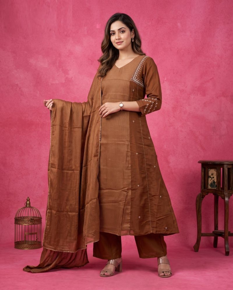 Naisha K 1346 Mul Chanderi Hand Work Kurti Set With Bottom & Dupatta