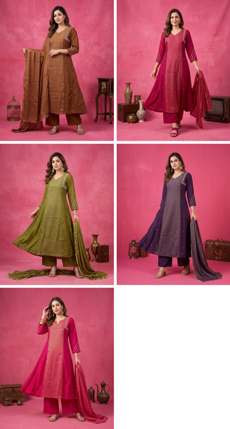 Naisha K 1346 Mul Chanderi Hand Work Kurti Set With Bottom & Dupatta