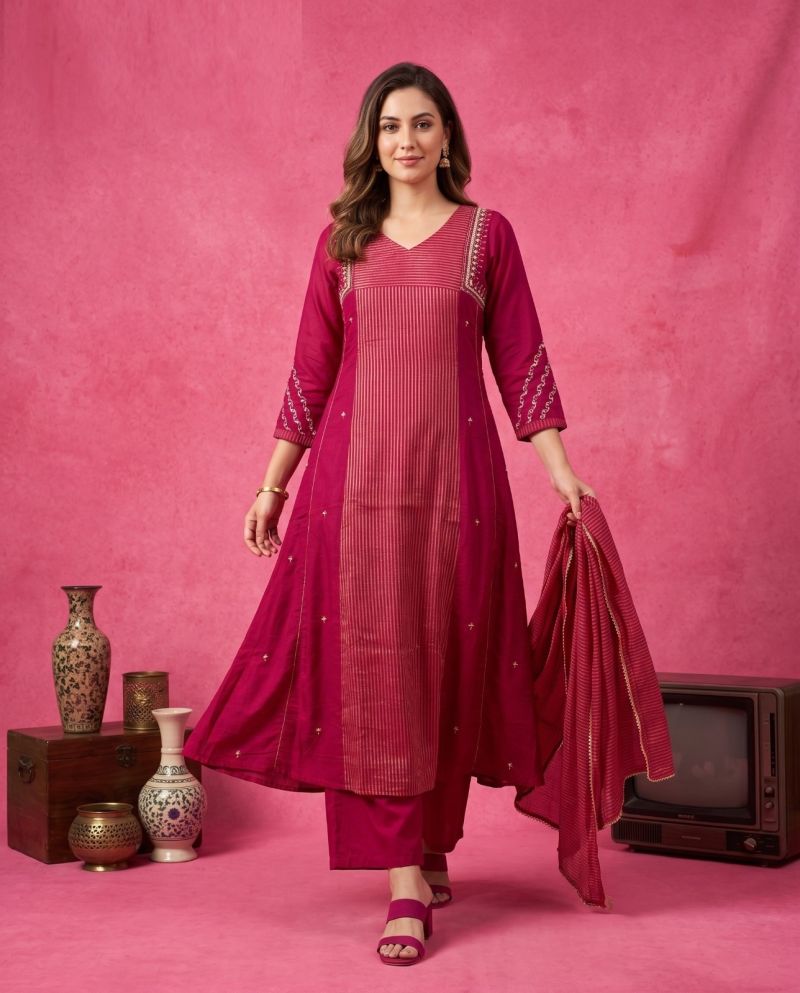 Naisha K 1346 Mul Chanderi Hand Work Kurti Set With Bottom & Dupatta