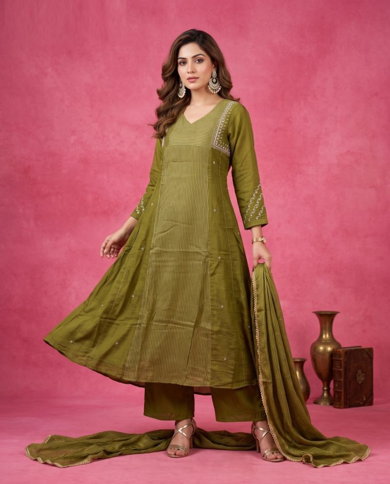Naisha K 1346 Mul Chanderi Hand Work Kurti Set With Bottom & Dupatta