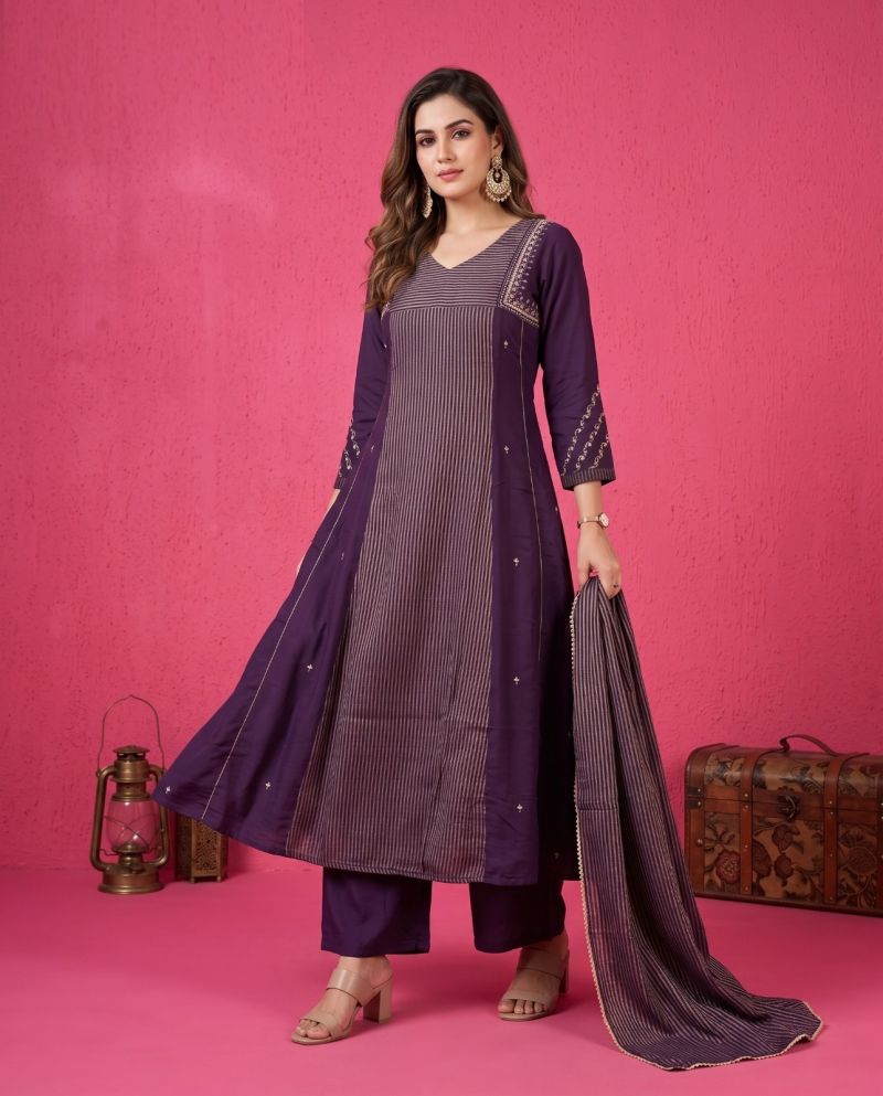Naisha K 1346 Mul Chanderi Hand Work Kurti Set With Bottom & Dupatta