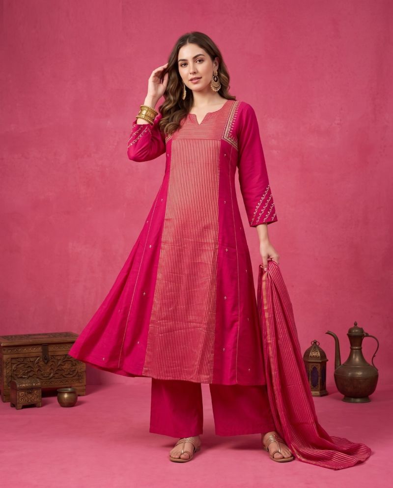 Naisha K 1346 Mul Chanderi Hand Work Kurti Set With Bottom & Dupatta