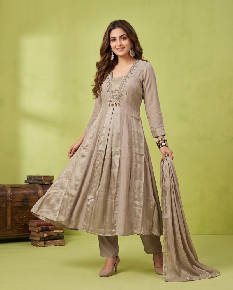 Naisha K 1347 Mul Chanderi Hand Work Kurti Set With Bottom & Dupatta