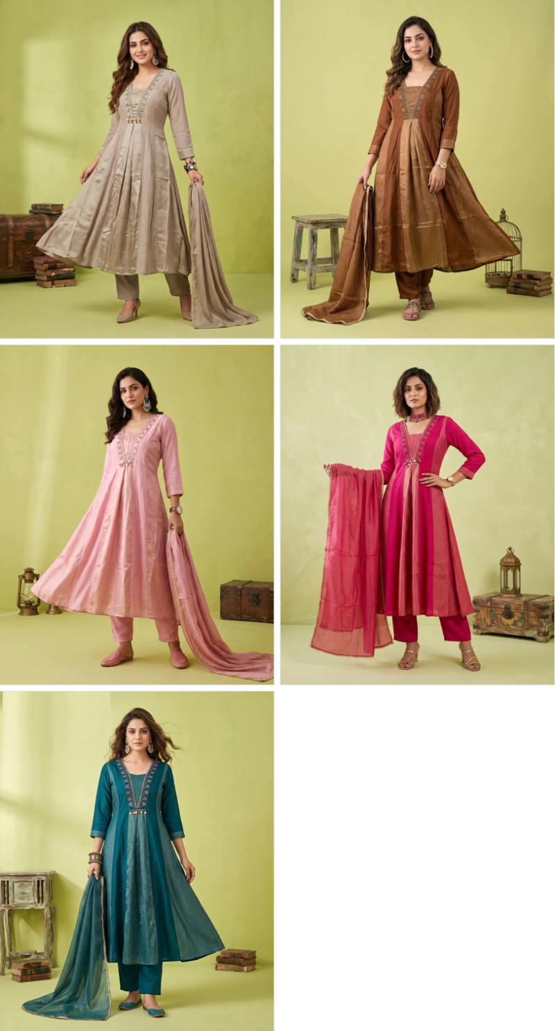Naisha K 1347 Mul Chanderi Hand Work Kurti Set With Bottom & Dupatta