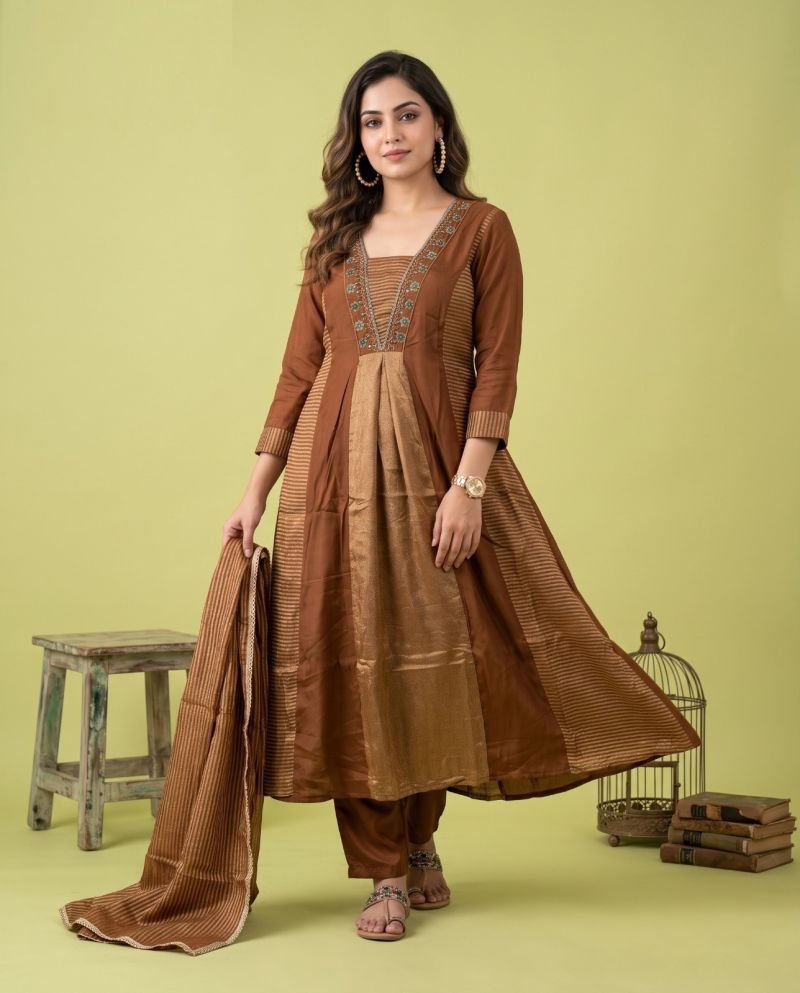 Naisha K 1347 Mul Chanderi Hand Work Kurti Set With Bottom & Dupatta
