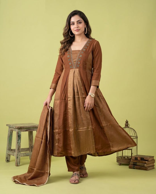 Naisha K 1347 Mul Chanderi Hand Work Kurti Set With Bottom & Dupatta