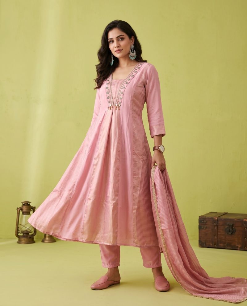 Naisha K 1347 Mul Chanderi Hand Work Kurti Set With Bottom & Dupatta