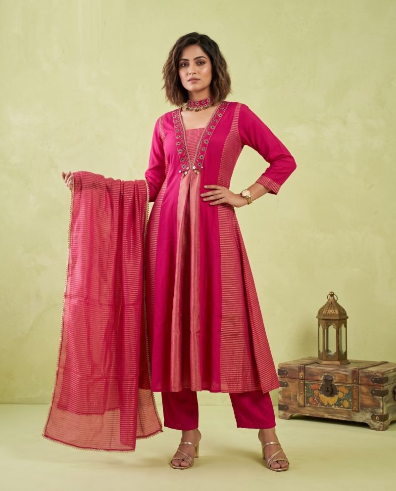 Naisha K 1347 Mul Chanderi Hand Work Kurti Set With Bottom & Dupatta