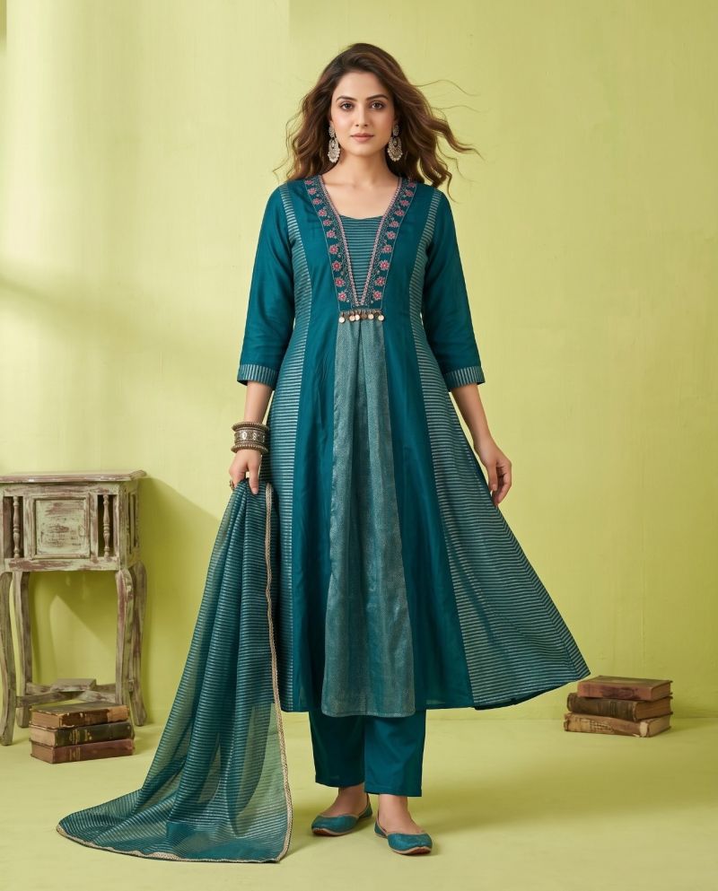 Naisha K 1347 Mul Chanderi Hand Work Kurti Set With Bottom & Dupatta