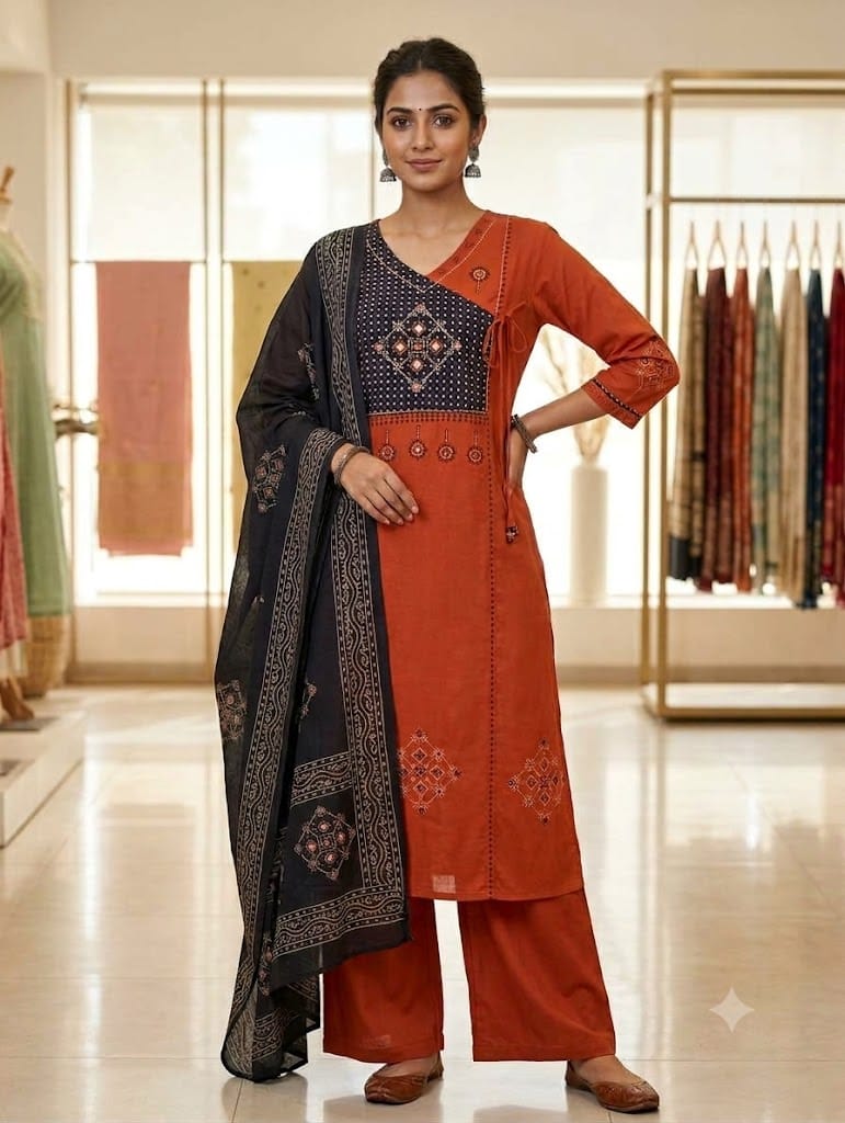 Naisha K 1381 Dhabu Cotton Block Work Kurti Pant Dupatta Set