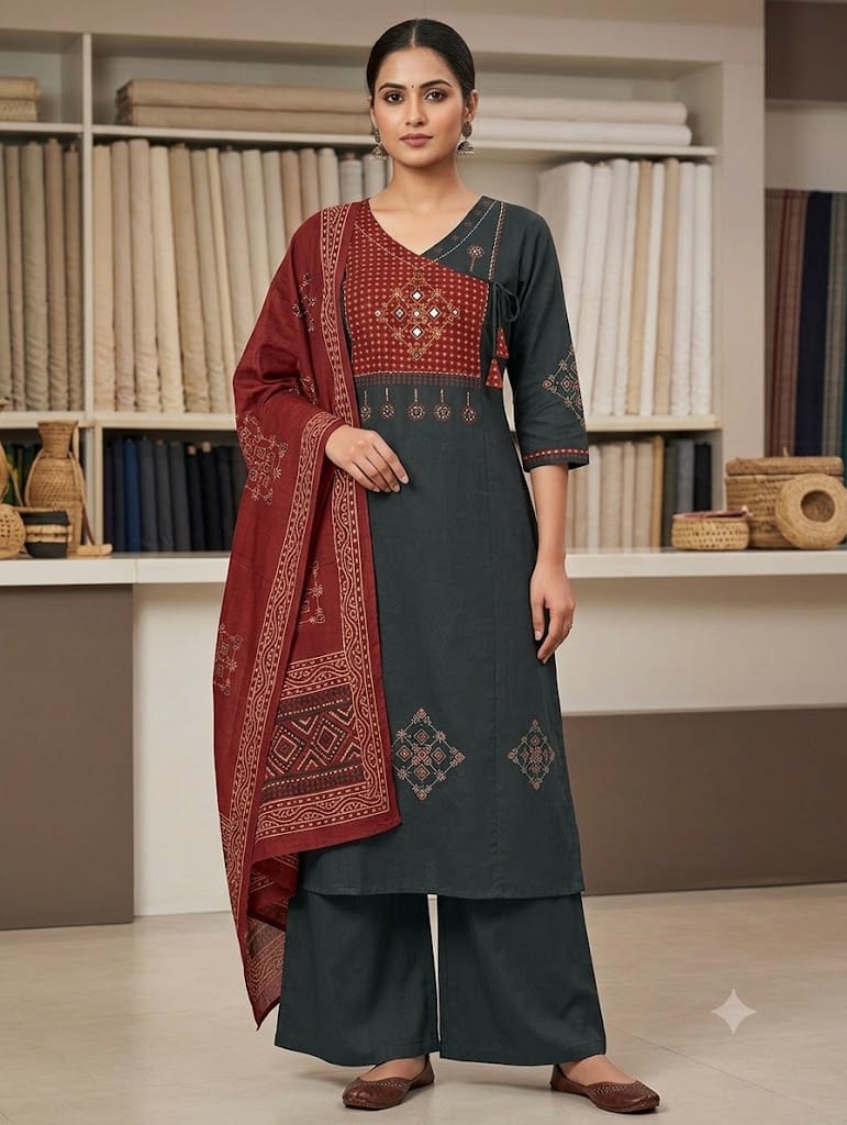 Naisha K 1381 Dhabu Cotton Block Work Kurti Pant Dupatta Set