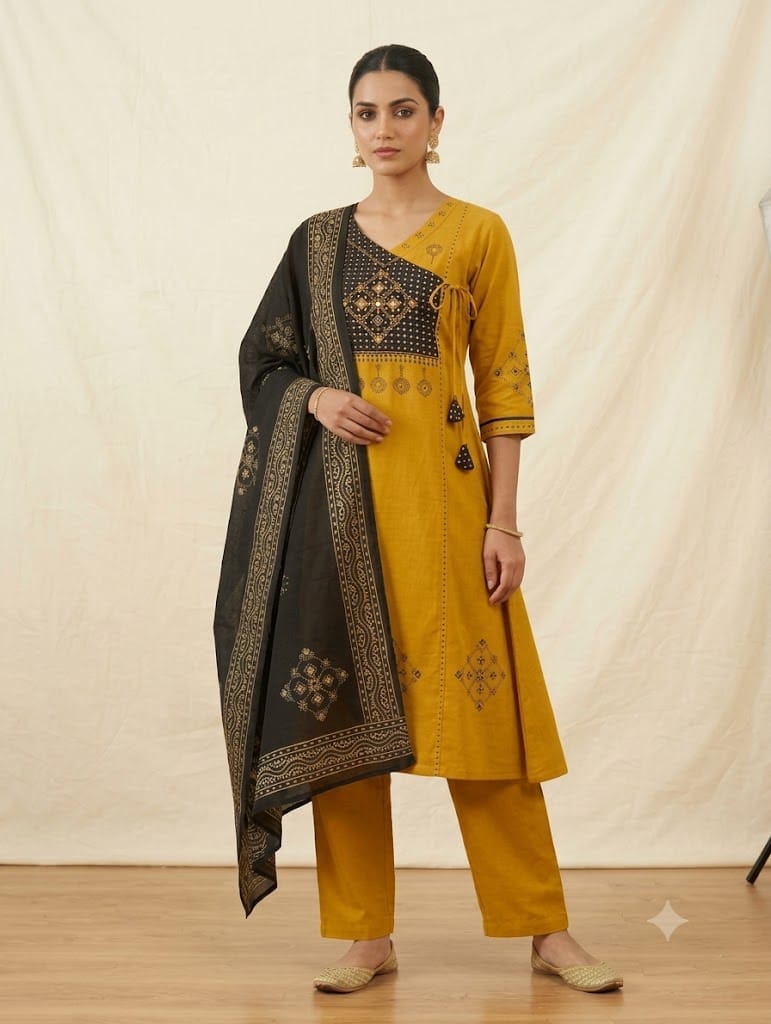 Naisha K 1381 Dhabu Cotton Block Work Kurti Pant Dupatta Set