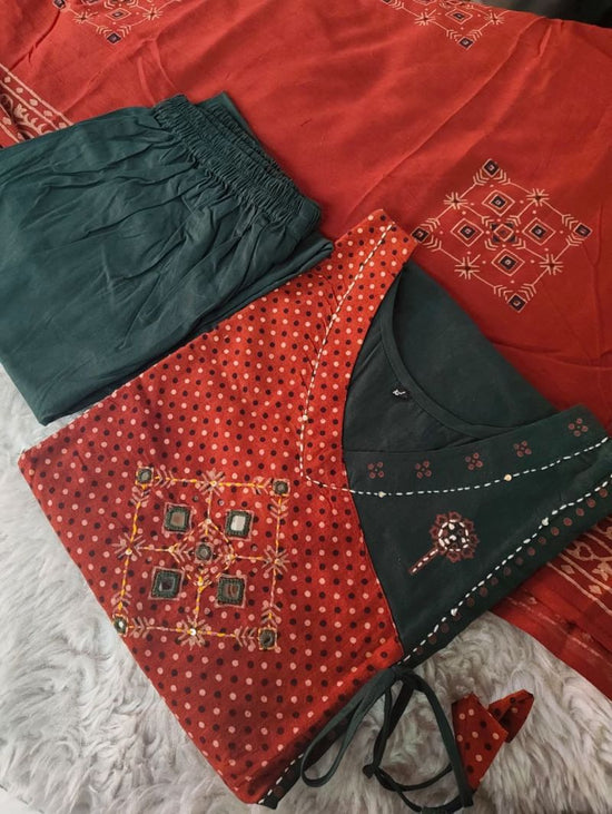 Naisha K 1381 Dhabu Cotton Block Work Kurti Pant Dupatta Set
