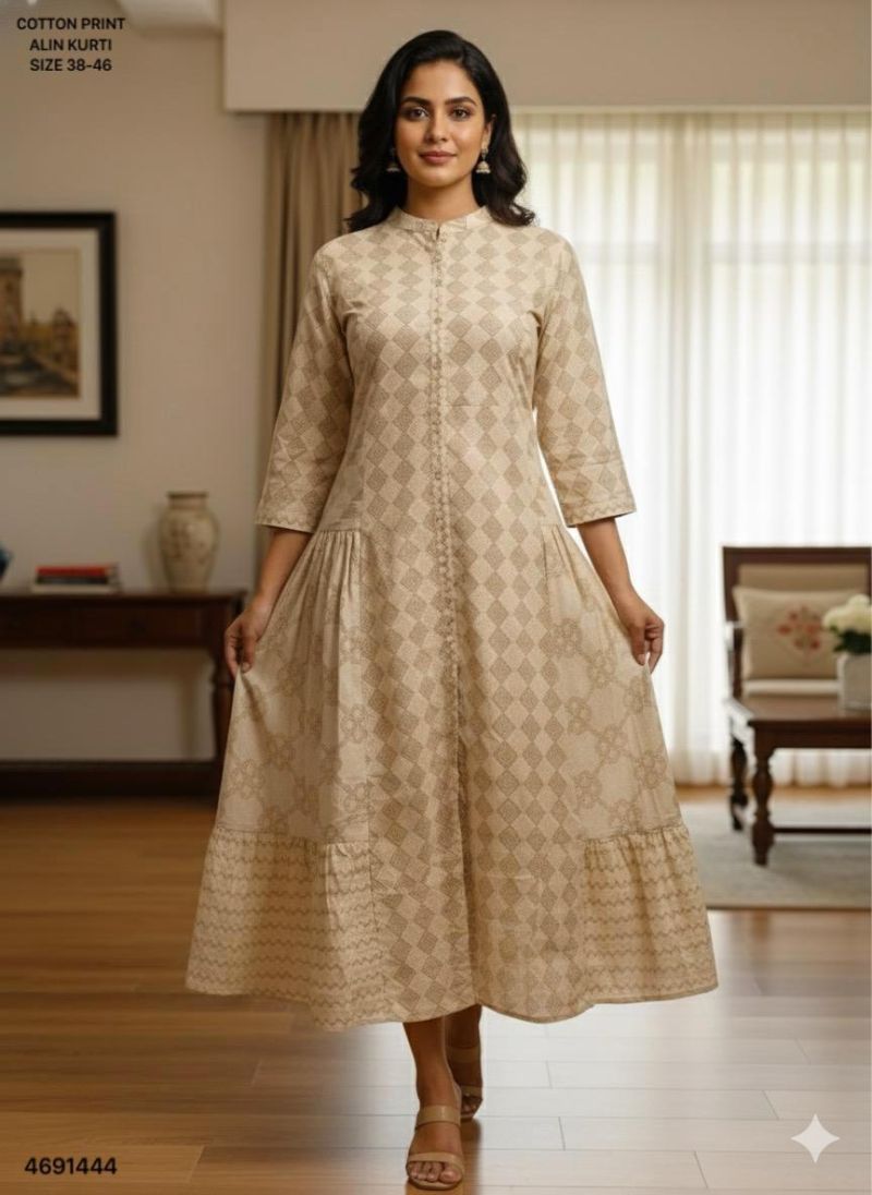 Naisha K 461 French Beige Cotton Printed Aline Kurti Collection
