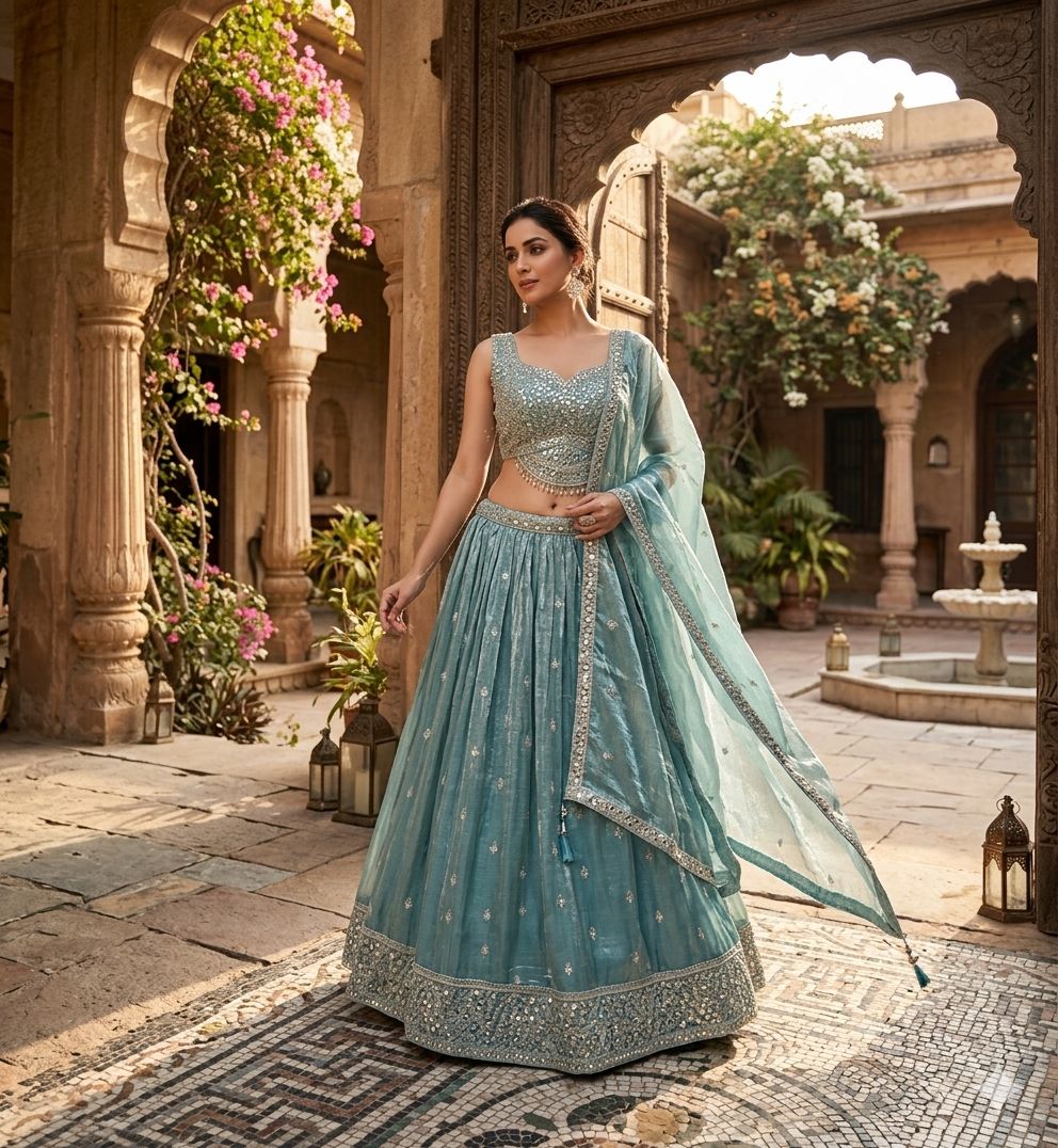 Naisha K 807 Crush Tissue Embroidered Lehenga