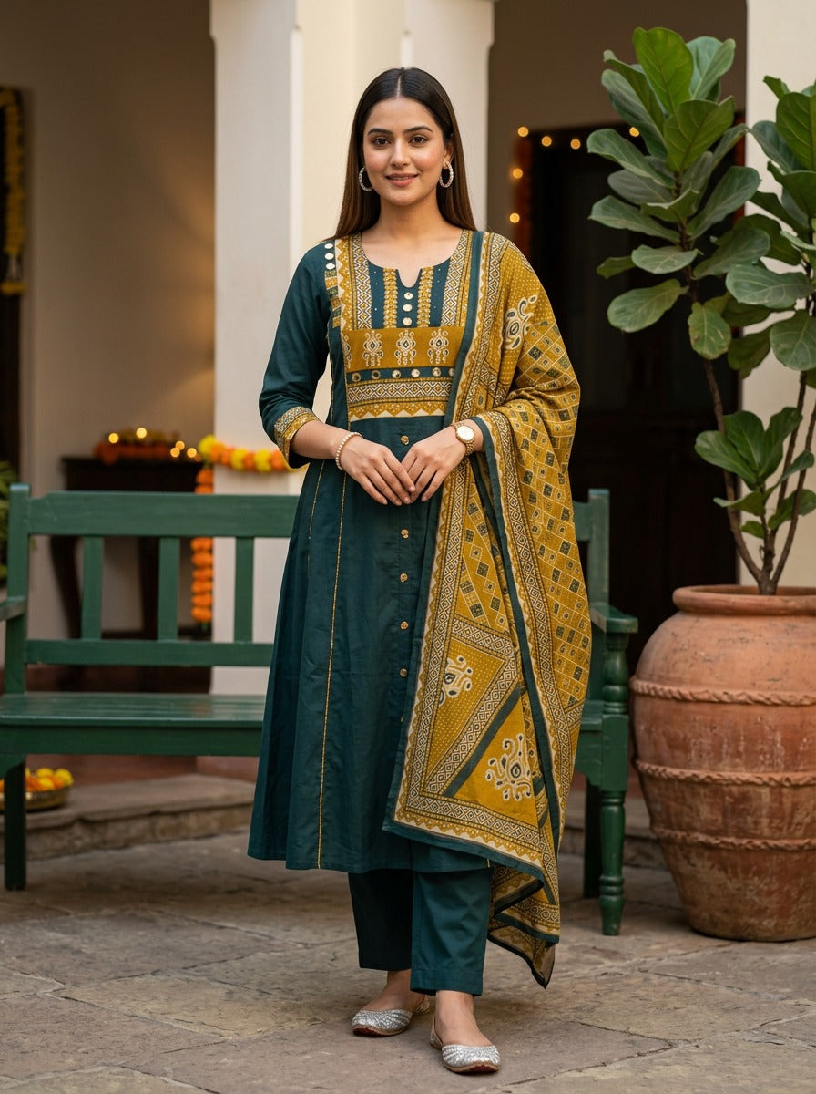 Amrah Wholesale Naisha K 939 Cotton Mirror Work Kurti Pant Dupatta Set