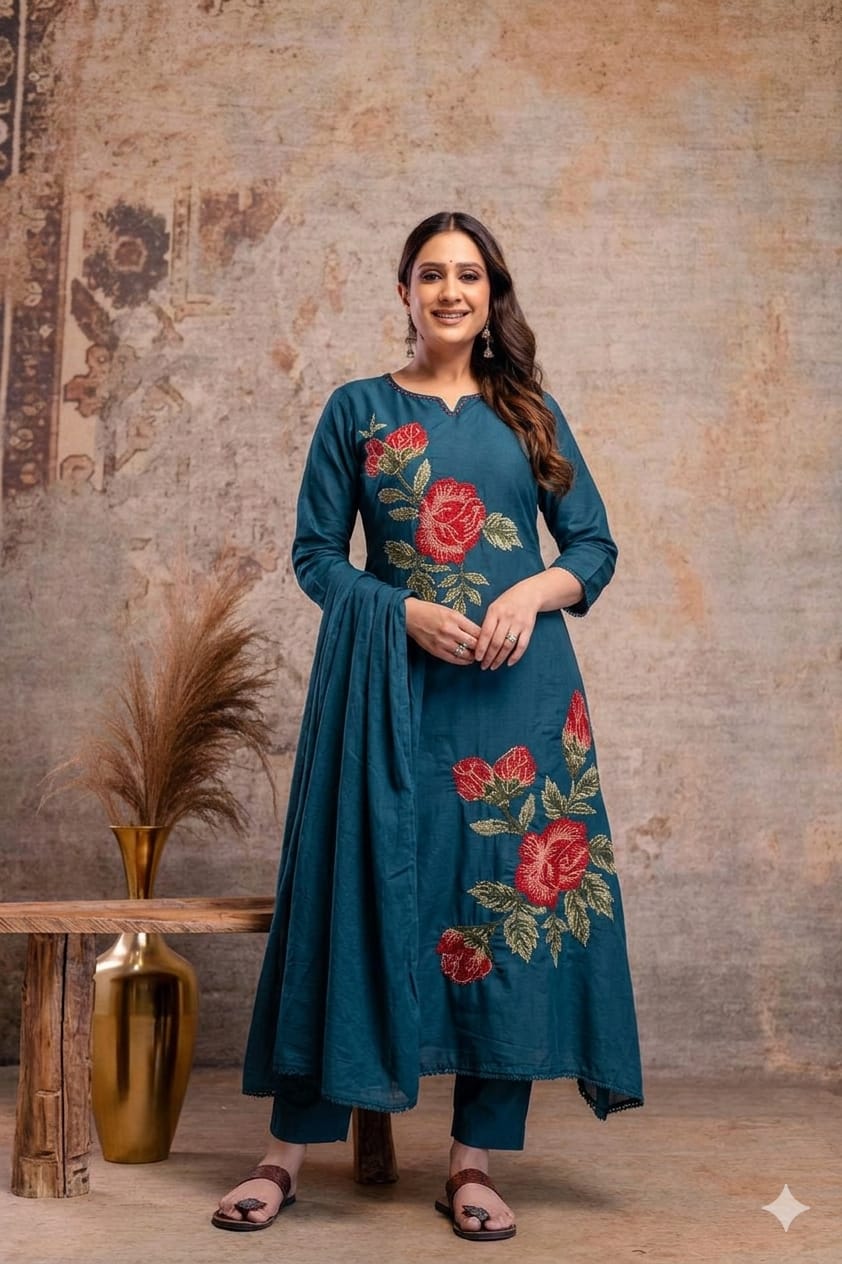 Naisha K 940 Mulmul Embroidered Kurti Pant Dupatta Set