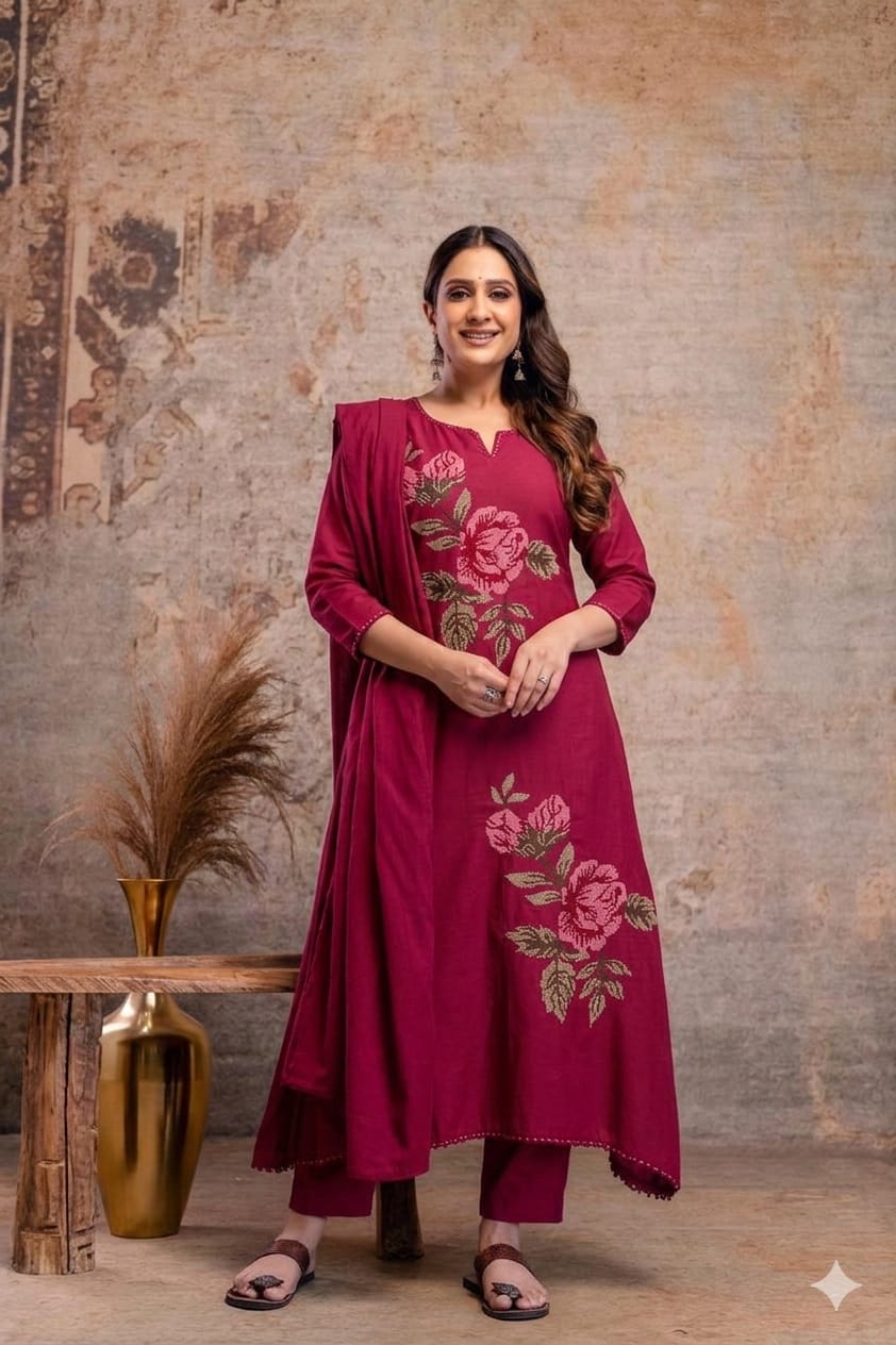 Naisha K 940 Mulmul Embroidered Kurti Pant Dupatta Set