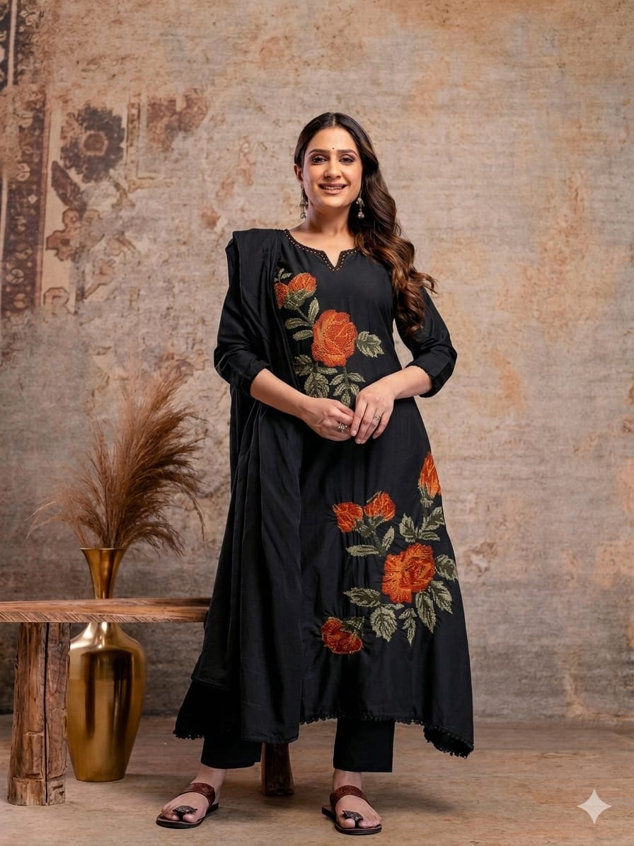Naisha K 940 Mulmul Embroidered Kurti Pant Dupatta Set
