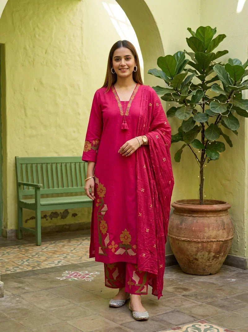 Amrah Wholesale Naisha K 948 Pink Cotton Flex Embroidered Kurti Pant Dupatta Set