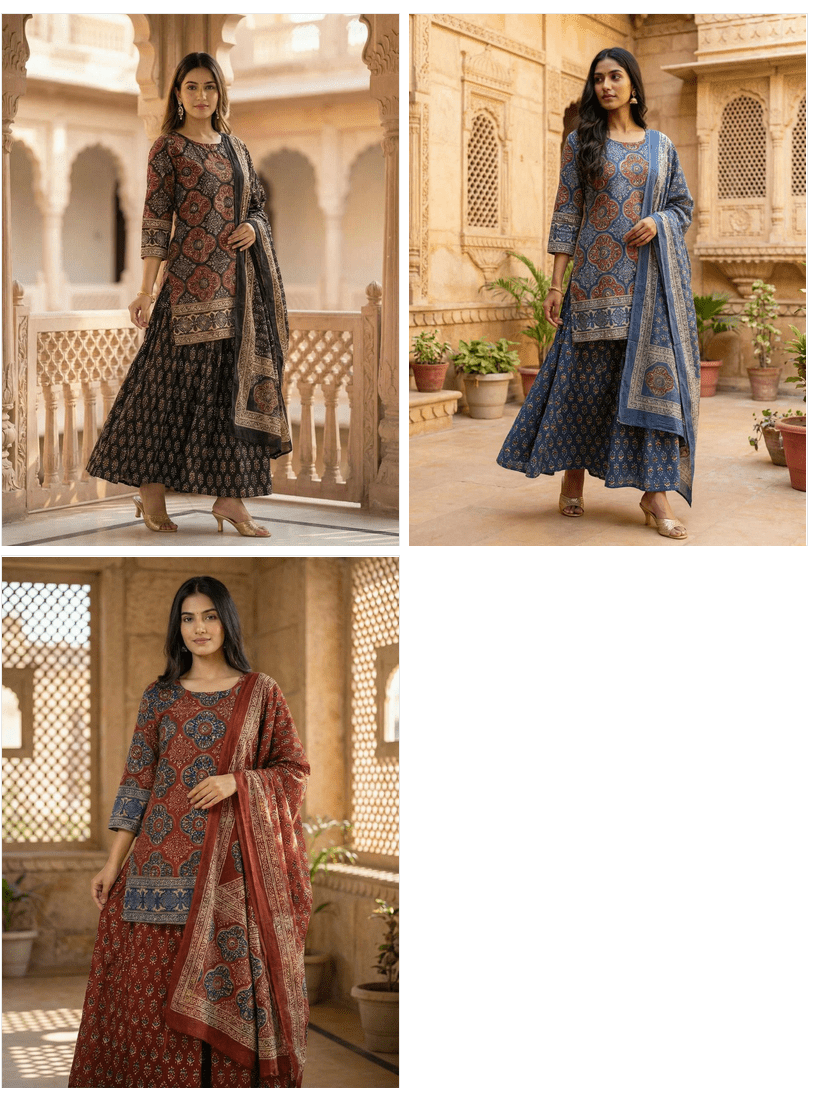 Naisha K 962 Cotton Ajrakh Printed Kurti Pant Dupatta Set - Amrah Wholesale