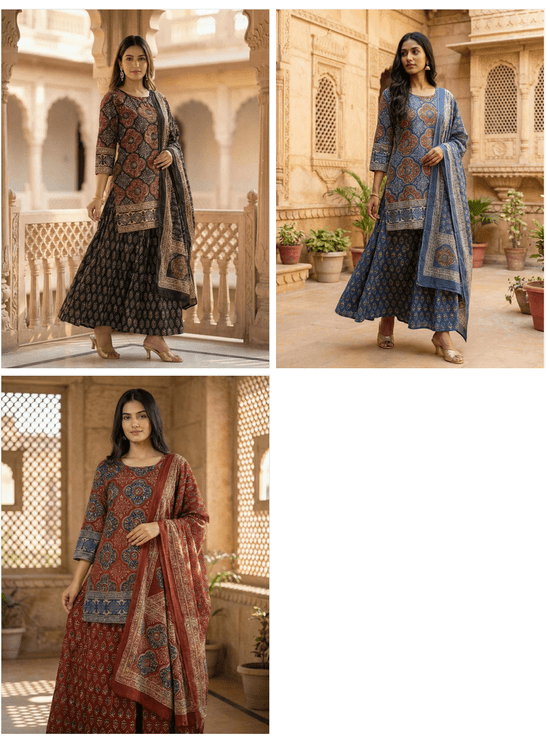 Naisha K 962 Cotton Ajrakh Printed Kurti Pant Dupatta Set - Amrah Wholesale