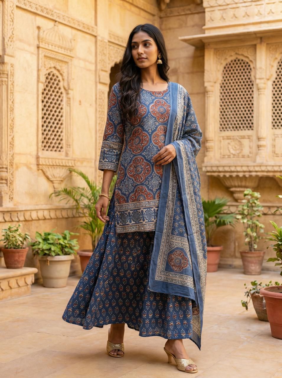 Naisha K 962 Cotton Ajrakh Printed Kurti Pant Dupatta Set - Amrah Wholesale