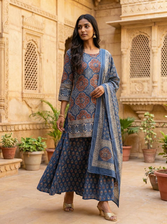 Naisha K 962 Cotton Ajrakh Printed Kurti Pant Dupatta Set - Amrah Wholesale