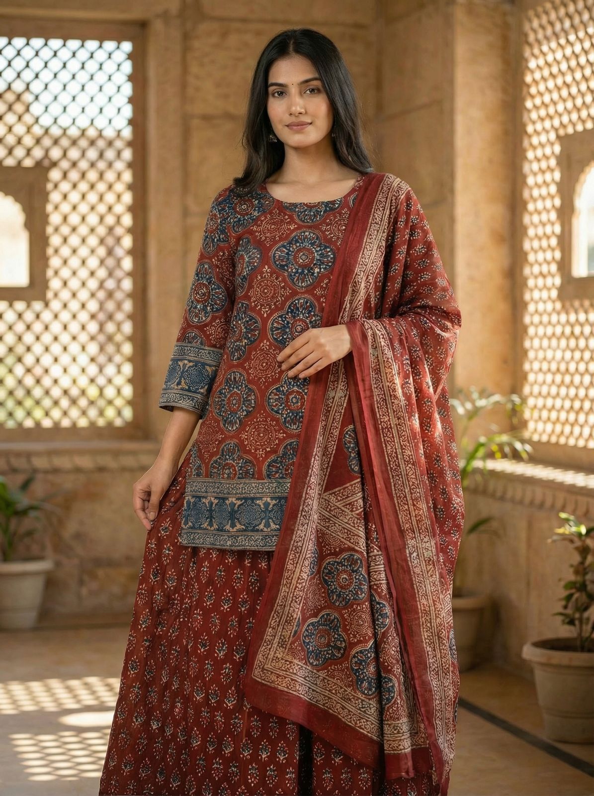 Naisha K 962 Cotton Ajrakh Printed Kurti Pant Dupatta Set - Amrah Wholesale