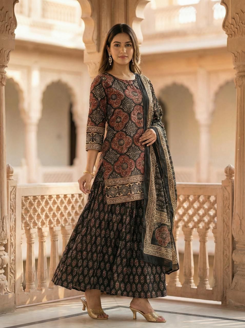 Naisha K 962 Cotton Ajrakh Printed Kurti Pant Dupatta Set - Amrah Wholesale